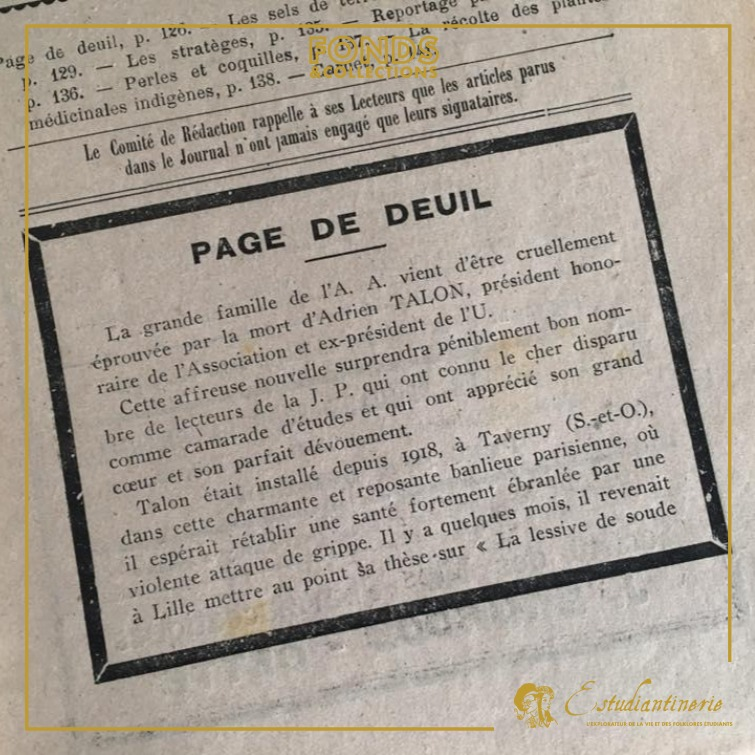 Avis de décès d&#39;Adrien T. dans le journal Lille Université fin 1920